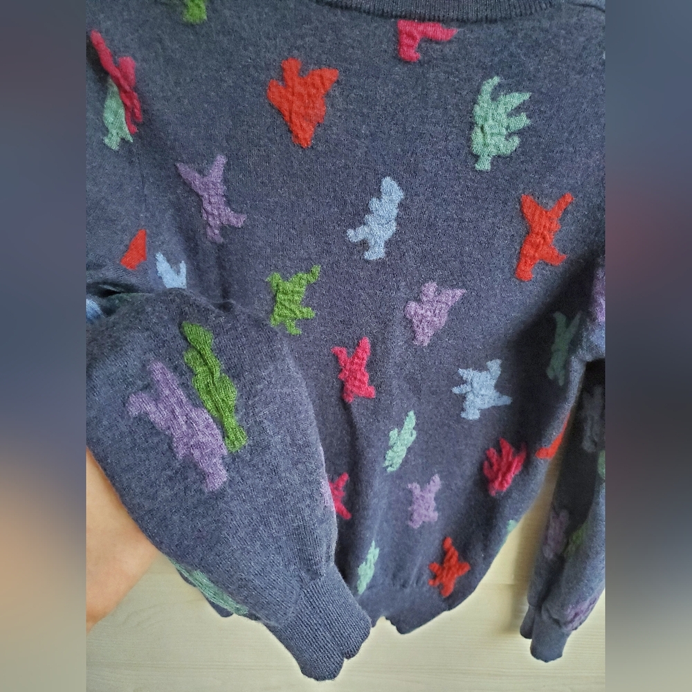 Bosco Fresh 100% Wool Multicolored Graphic Dino Pattern Navy Crewneck Sweater - Picture 10 of 14